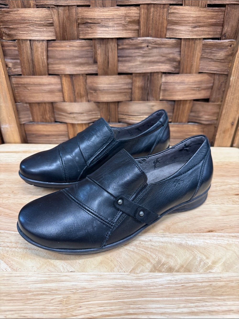 Women's Black Leather Slip-On Loafers with Decorative Strap